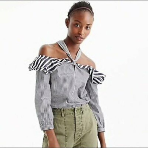 J. Crew • Navy Stripe Off Shoulder Ruffle Blouse - Picture 2 of 10